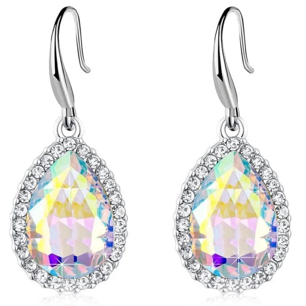14K White Gold with Iridescent AB Austrian Crystal Teardrop Halo Hook Earrings